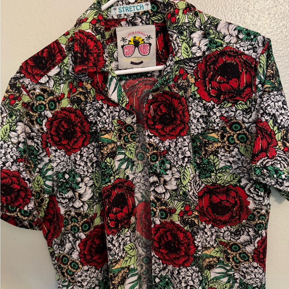 Red Floral Short Sleeve Button-Down Shirt